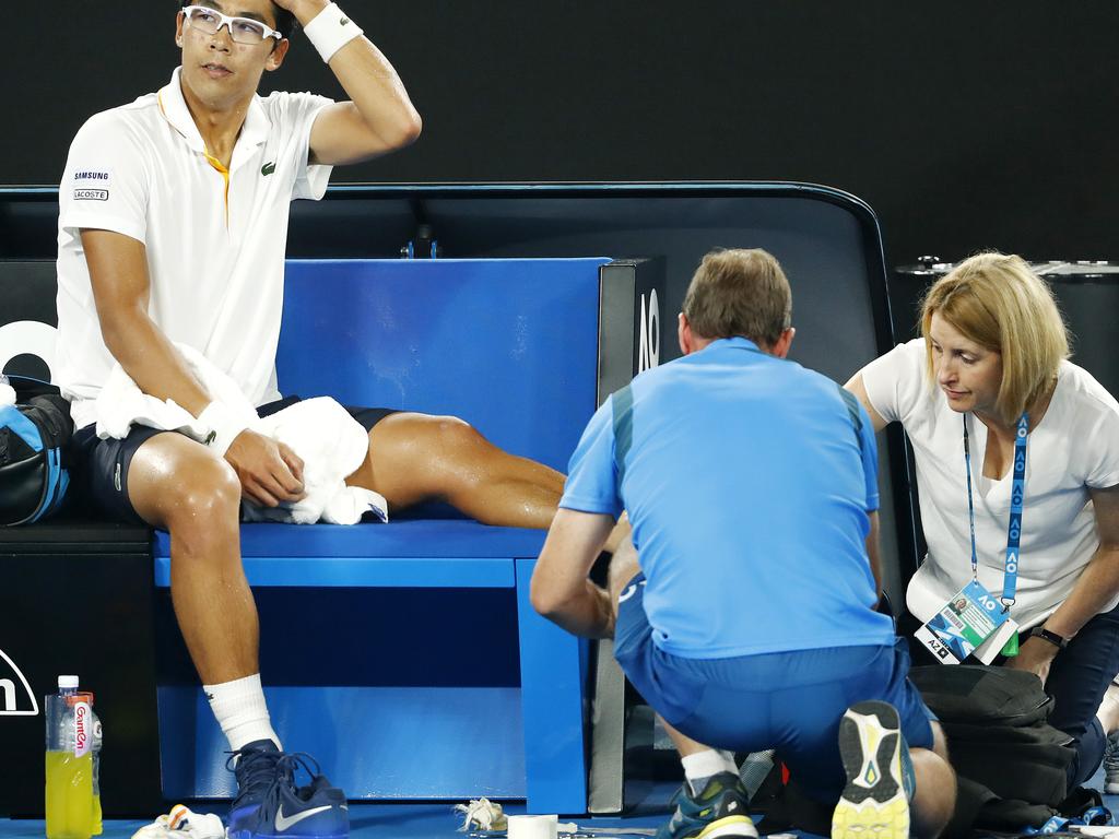 Heartbreak for Hyeon Chung - he took the world by storm reaching the semi-final - but it all came to an agonising end when injury forced him to retire. Pic: Michael Klein