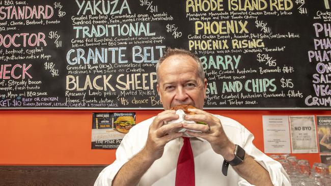 Bill Shorten, opposition spokesman for the National Disability Insurance Scheme, visits Phat Burgers in Toowoomba. Picture: Nev Madsen.