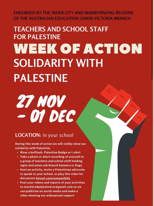 The flyer calling on teachers to show solidarity for Palestine