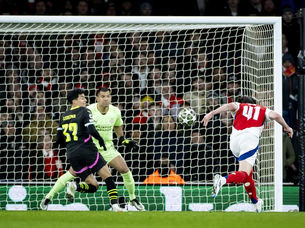 Declan Rice heads in the goal to make it 2-1 and ultimately progress Arsenal through to the next stage of the Champions League. Picture: ANP via Getty Images