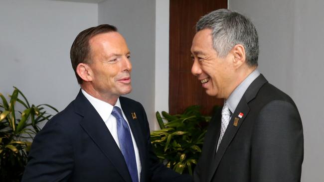 Tony Abbott with Singapore Prime Minister Lee Hsien Loong during bilateral talks on the APEC sidelines in Bali. Picture: Ray Strange