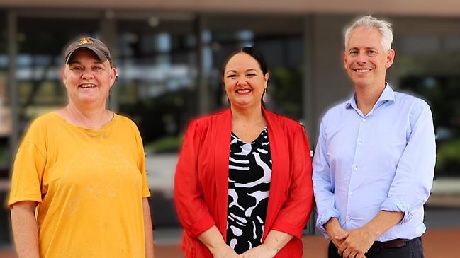 Susan Thompson, a Cert III in Visual Arts graduate, Labor candidate for Herbert Edwina Andrew with Minister for Skills and Training Andrew Giles outside TAFE Pimlico. Picture: Supplied