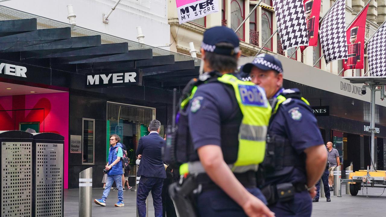 Police were out at the Myer store on Sunday. Picture: NewsWire / Luis Enrique Ascui