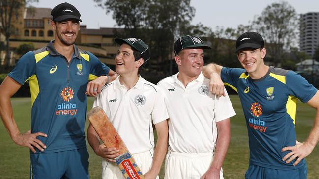 Paine and Starc with visiting students Lachlan Marschke and Campbell Cowan at BBC. Photo: Peter Wallis