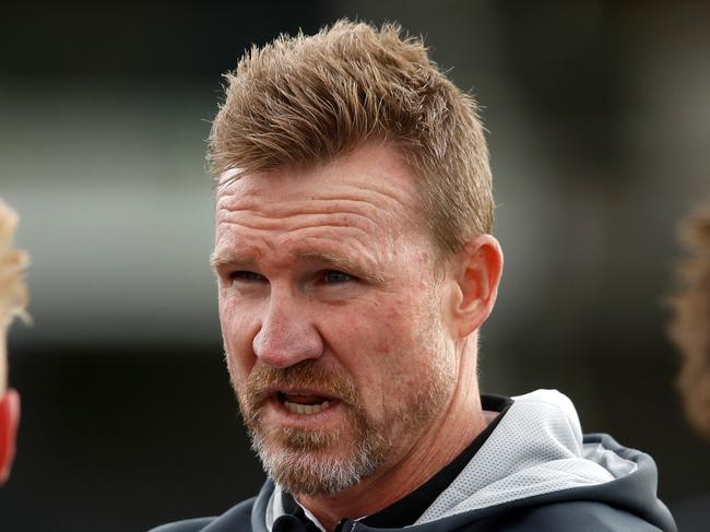 MELBOURNE, AUSTRALIA - MARCH 08: Nathan Buckley, Senior Coach of the Magpies addresses his players during the 2020 Marsh Community Series match between the Collingwood Magpies and the St Kilda Saints at Morwell Reserve on March 08, 2020 in Melbourne, Australia. (Photo by Dylan Burns/AFL Photos via Getty Images)