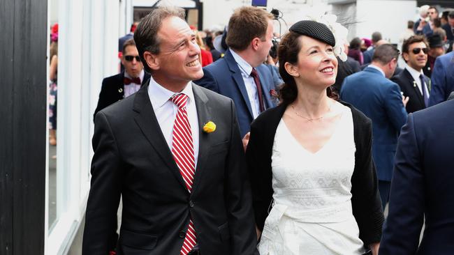 Greg Hunt and wife Paula in the Birdcage at the Melbourne Cup. Picture: David Geraghty.