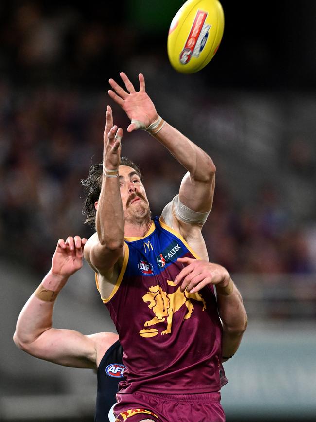 Joe Daniher marks strongly against the Blues. Picture: Quinn Rooney/Getty Images