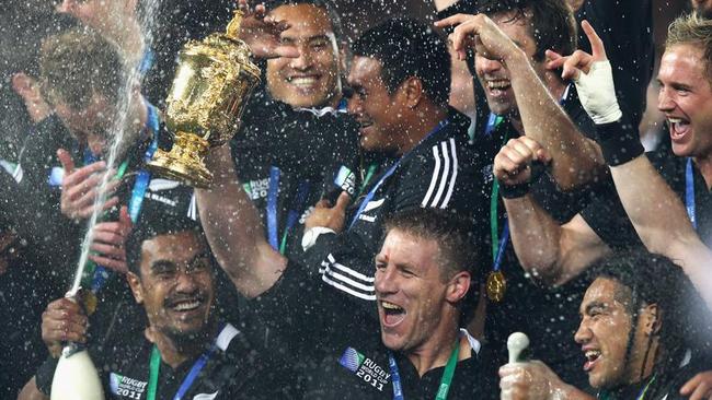 The All Blacks celebrate winning the 2011 Rugby World Cup at Eden Park.