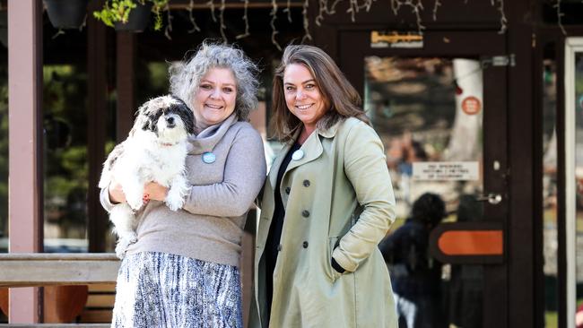 Members of Tasmania's newest political party, The Local Part, Leanne Minshull and Anna Bateman with Leanne's dog Edith, 5 out the front of the Fern Tree Tavern which they are using as their party HQ. Picture: Zak Simmonds