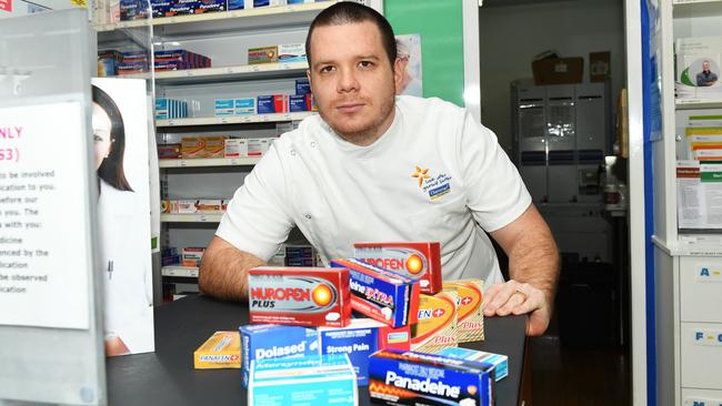 Pharmacist Sam Keitaanpaa with some of the codeine products that will require a prescription after February. Pic Katrina Bridgeford.