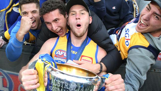 The 2018 AFL Premiership Grand Final. Collingwood vs West Coast. West Coast player Daniel Venables celebrates the win with fans.     Picture: David Caird