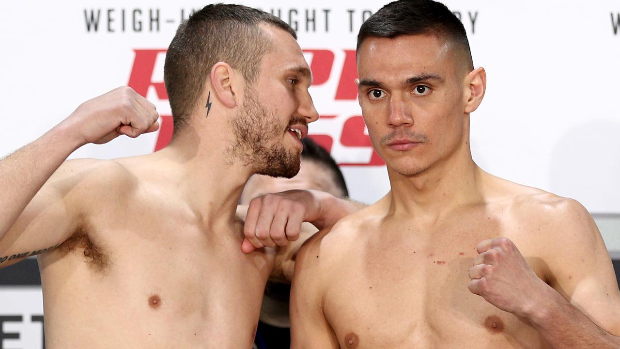 Steve Spark has a message for Tim Tszyu at the weigh-in ahead of their title fight in Newcastle. Picture: Shane Myers