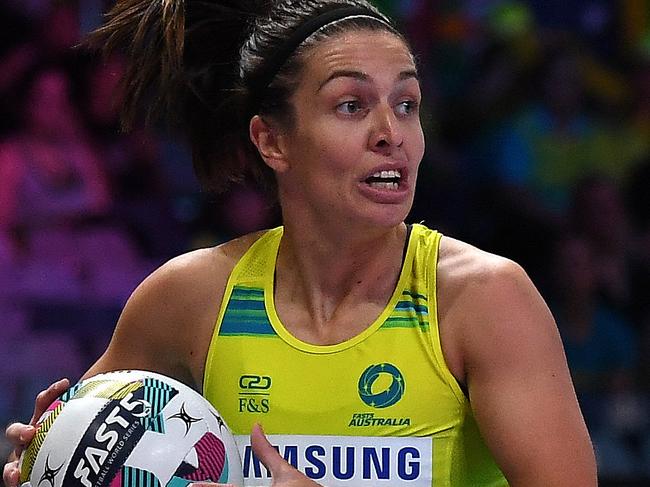 Ashleigh Brazill of the Diamonds is seen in action during the Fast5 Netball World Series match between Australia and England. Picture: AAP Image/Julian Smith.