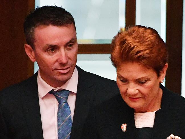 One Nation leader Senator Pauline Hanson and her advisor James Ashby during an amendment to part 18c of the Racial Discrimination Act in the Senate chamber at Parliament House in Canberra, Thursday, March 23, 2017. (AAP Image/Mick Tsikas) NO ARCHIVING