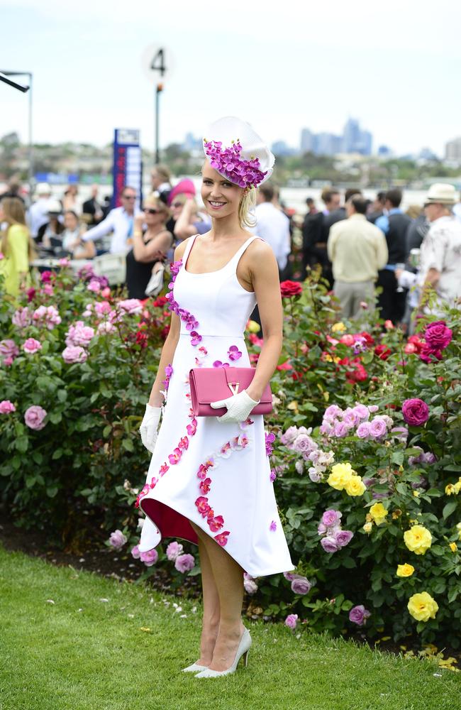 Shelley Cooper all dressed up at Flemington Racecourse on Melbourne Cup Day 2014. Picture: Stephen Harman