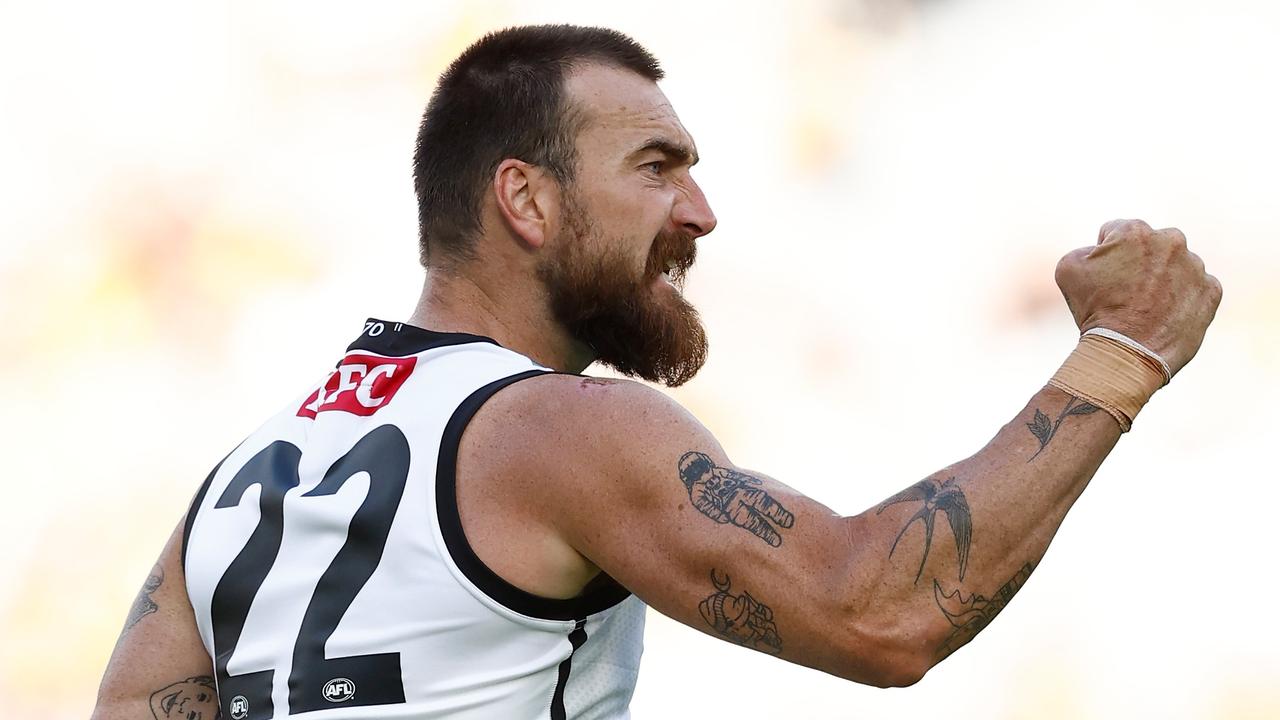 MELBOURNE, AUSTRALIA - MARCH 24: Charlie Dixon of the Power celebrates a goal during the 2024 AFL Round 02 match between the Richmond Tigers and the Port Adelaide Power at the Melbourne Cricket Ground on March 24, 2024 in Melbourne, Australia. (Photo by Michael Willson/AFL Photos via Getty Images)