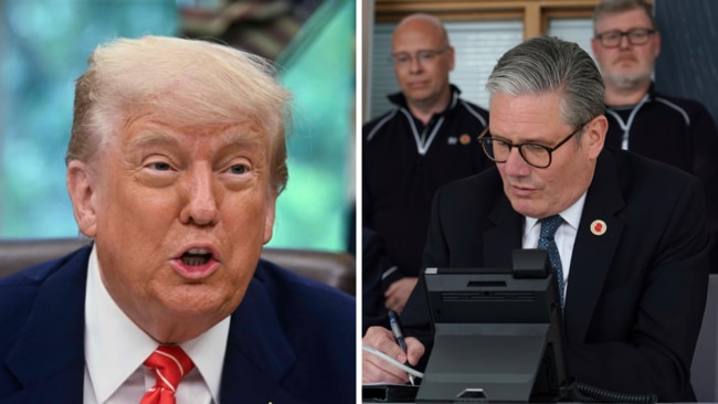 Britain's Prime Minister Keir Starmer speaks on the phone to US President Donald Trump from a car factory in the West Midlands. Pictures: AFP/AP