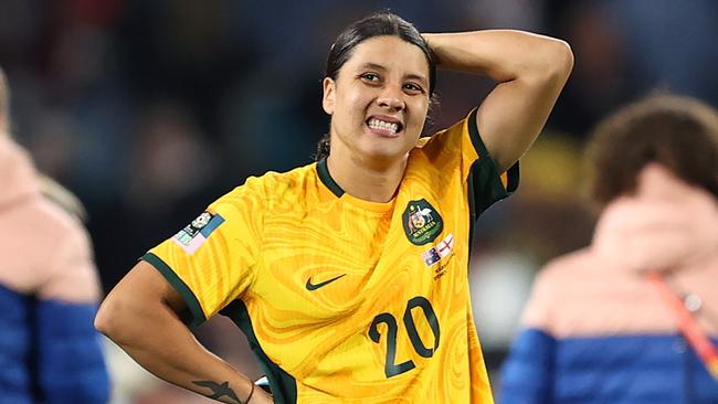 SYDNEY, AUSTRALIA - AUGUST 16: Sam Kerr of Australia looks dejected after the team's 1-3 defeat and elimination from the tournament following the FIFA Women's World Cup Australia & New Zealand 2023 Semi Final match between Australia and England at Stadium Australia on August 16, 2023 in Sydney, Australia. (Photo by Brendon Thorne/Getty Images)