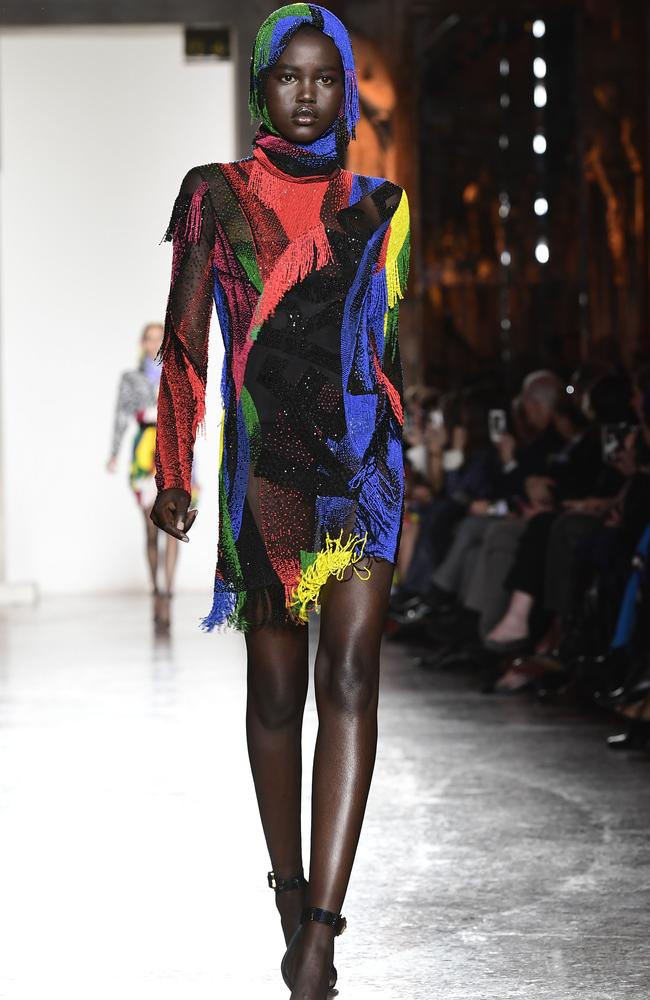 Adut Akech wears Versace in Milan. Picture: AFP