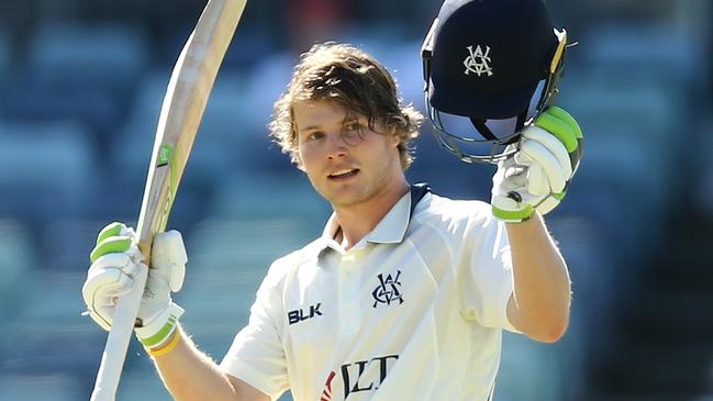 Will Pucovski celebrates his double century for Victoria.