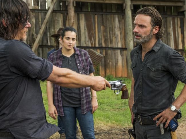 Norman Reedus as Daryl Dixon, Alanna Masterson as Tara Chambler, Chandler Riggs as Carl Grimes, Andrew Lincoln as Rick GrimesÂ - The Walking Dead _ Season 7, Episode 8 - Photo Credit: Gene Page/AMC