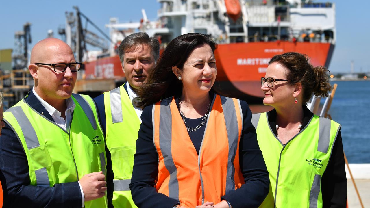 Queensland Premier Annastacia Palaszczuk (centre) at the announcement of a new international cruise ship terminal at the Port of Brisbane in Brisbane in October 2017. The terminal was due to open next month. Picture: Darren England