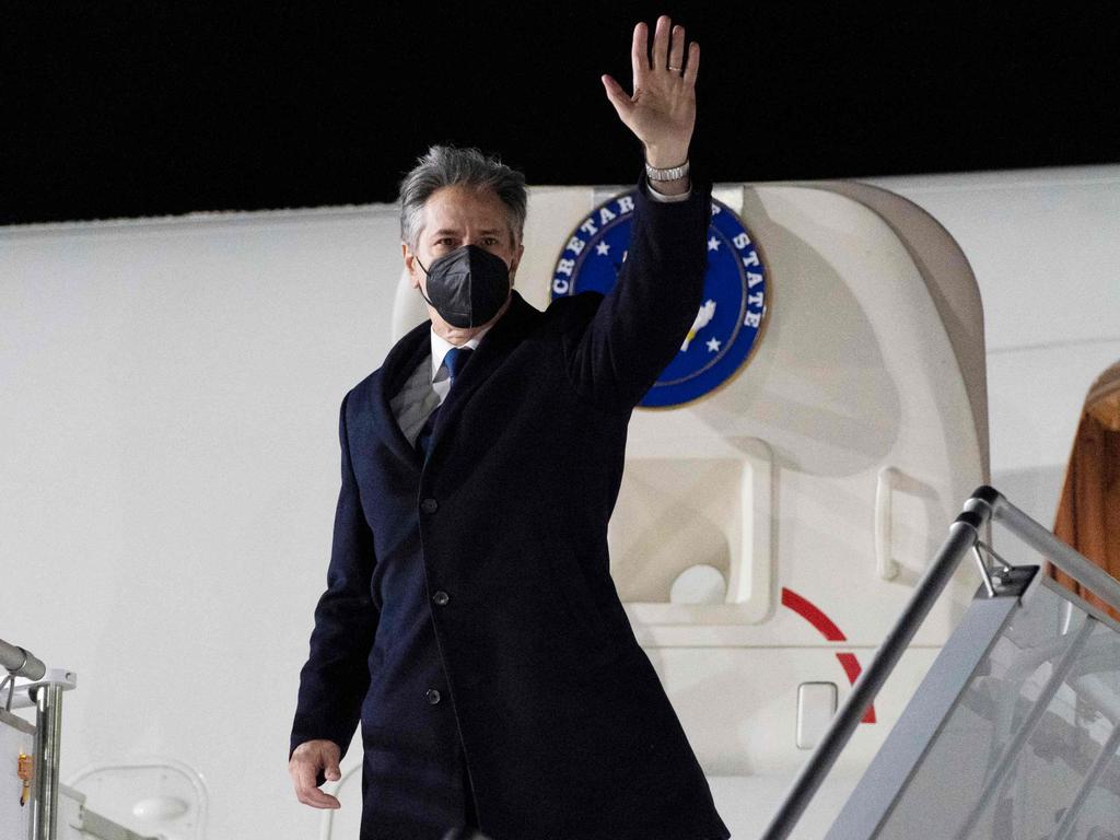 US Secretary of State Antony Blinken waves as he departs Brandenburg Airport in Berlin. Picture: AFP