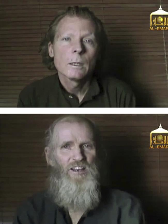 Images of Australian Timothy Weekes, top, and American Kevin King, who were both abducted by the insurgents in Afghanistan in August 2016.