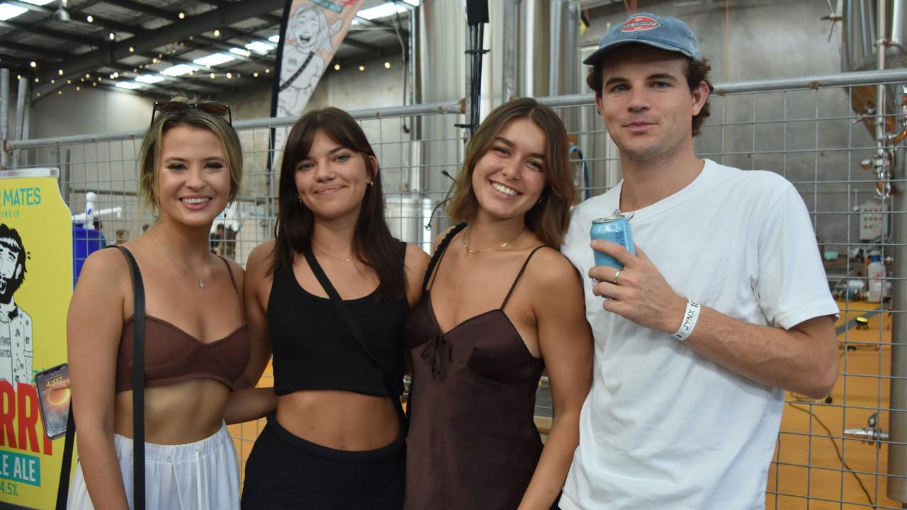 Gabbi Livingstone, Ellie O'Donnell, Maya Masri and Simon Francis at Your Mates Beer Day Out in Warana on December 10, 2022. Picture: Sam Turner