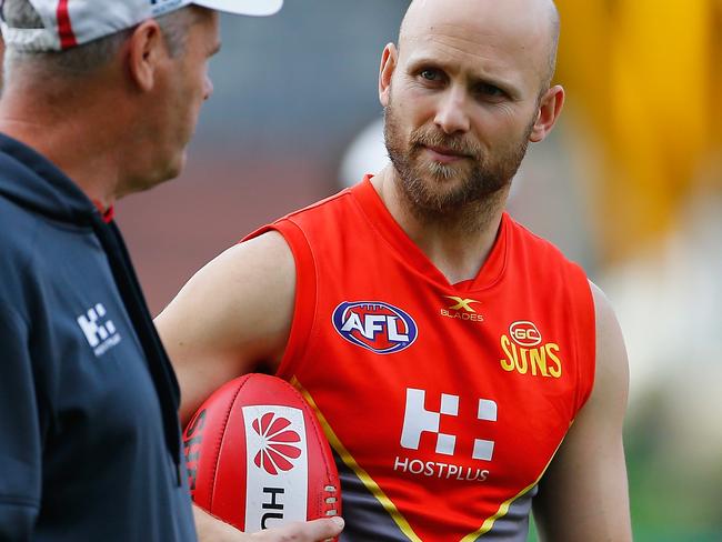 GOLD COAST, AUSTRALIA - JUNE 27:  Gary Ablett talks with coach Rodney Eade during a Gold Coast Suns AFL training session at Metricon Stadium on June 27, 2017 in Gold Coast, Australia.  (Photo by Jason O'Brien/Getty Images)