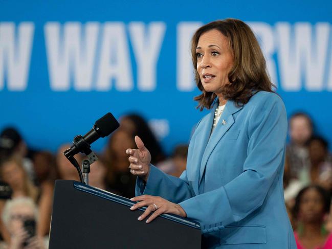 TOPSHOT - US Vice President and Democratic presidential candidate Kamala Harris speaks at the Hendrick Center for Automotive Excellence on the Scott Northern Wake Campus of Wake Tech Community College in Raleigh, North Carolina, on August 16, 2024. Harris is unveiling an economic blueprint heavy on popular measures to cut costs for Americans, while attacking powerful companies for price gouging, as she fleshes out her election platform ahead of the Democratic National Convention. (Photo by Allison Joyce / AFP)