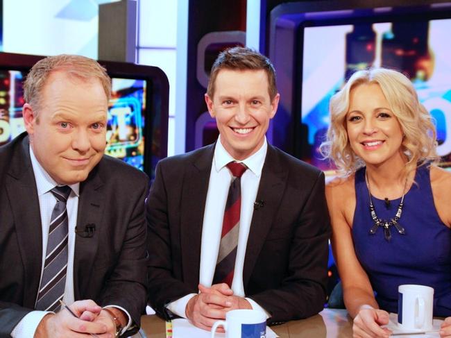 Pete Helliar and Carrie Bickmore with ex ‘Rove Live’ co-star Rove McManus. Picture: Supplied/Ten