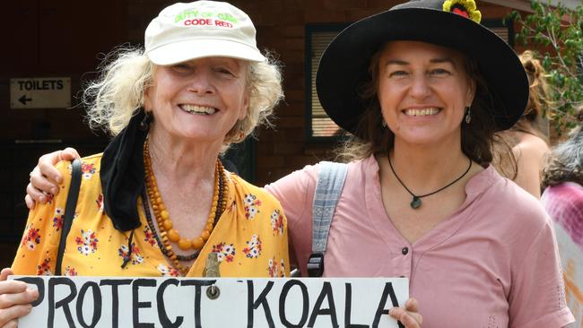 Protesters Malveena Martyn and Naomi Shine demand the government stop logging in Cherry Tree State Forest during a rally in Lismore on Saturday. Picture: Cath Piltz