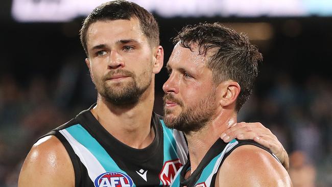 Ryan Burton and Travis Boak react after the final siren. Picture: Getty Images