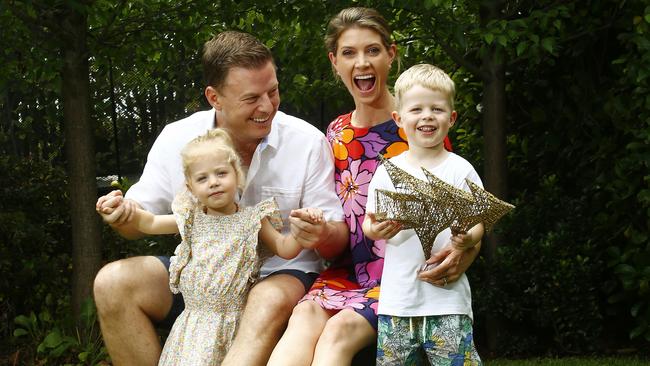 Ben Fordham at home with his wife Jodie Speers and their children Pearl -2 and Freddy -4 at Christmas time. Picture: John Appleyard