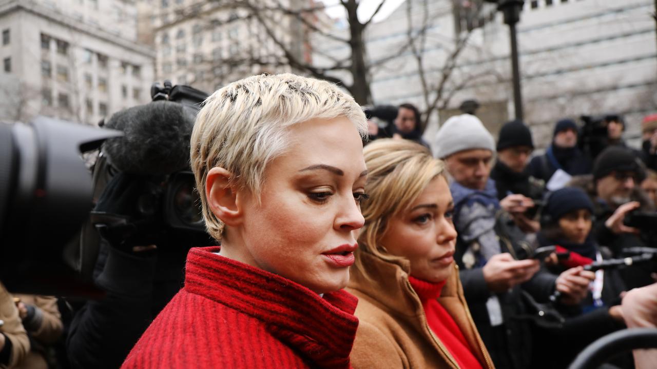 Actress Rose McGowan, who accused Weinstein of raping her more than two decades ago and then of destroying her career, joins other accusers and protesters outside a Manhattan courthouse for the start of his trial. Picture: Spencer Platt/Getty Images.
