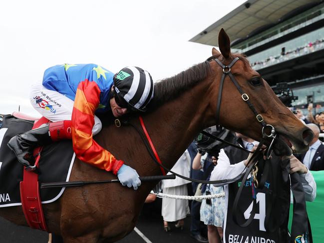 Craig Williams celebrates winning a second Everest aboard Bella Nipotina at Randwick on Saturday. Photo: Jeremy Ng/Getty Images.