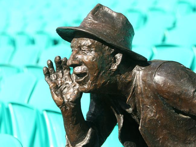 The bronze sculpture of iconic SCG barracker Stephen Harold Gascoigne, known as Yabba, in row two of the Victor Trumper Stand concourse. Picture: Getty Images