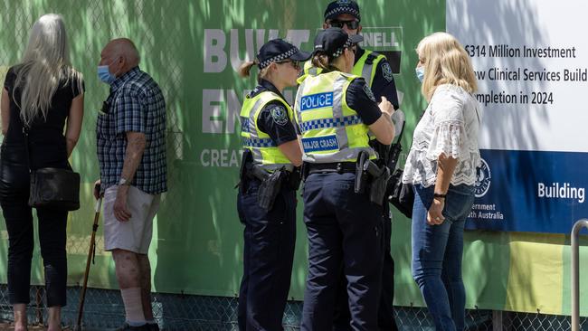 Police at the scene of Woodville Rd, Woodville South after a crash between a car and a pedestrian. Picture: NCA NewsWire / Kelly Barnes