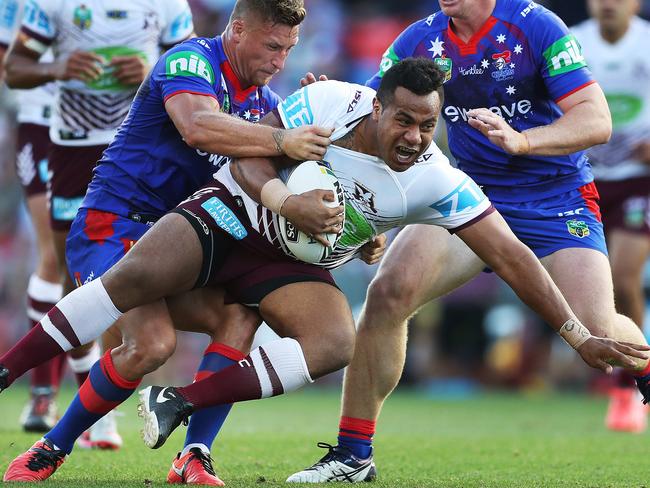 Manly's Siosaia Vave on a run during NRL match Newcastle Knights v Manly Sea Eagles at Hunter Stadium. Picture. Phil Hillyard