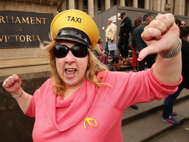 Sandy Spanos shows her disgust with the Victorian Government with the changes to taxi licences. Picture: Norm Oorloff