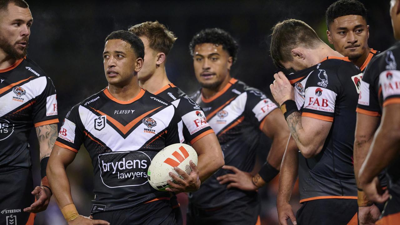 Brandon Wakeham (ball) struggled as the sole recognised playmaker against the Storm. Picture: Getty Images