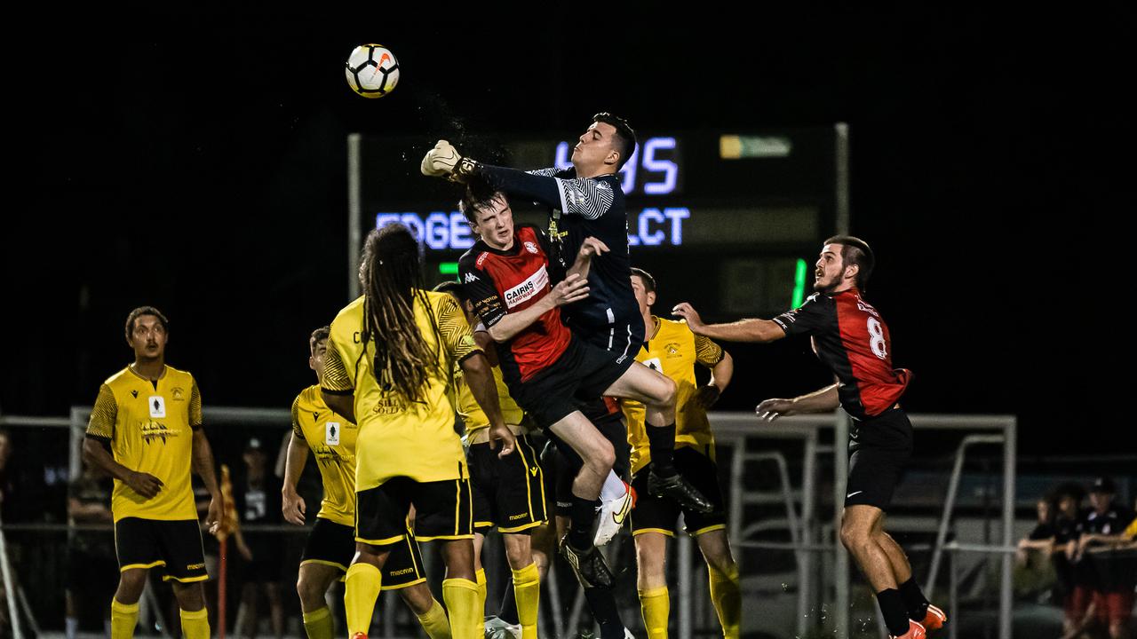 Edge Hill United's Goalkeeper takes control in Saturdays FNQ Premier League grand finals at Endeavour Park. Picture: Emily Barker