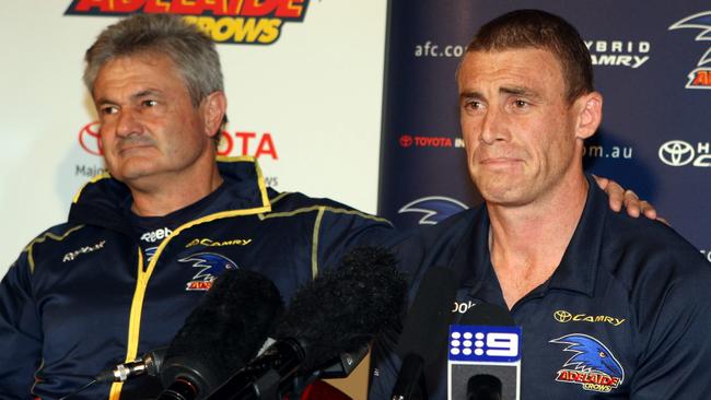 An emotional Adelaide Crows captain Simon Goodwin announces his retirement, flanked by mentor and admirer Neil Craig. Picture: Ray Titus