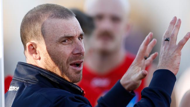 ALICE SPRINGS, AUSTRALIA - JUNE 01: Simon Goodwin, Senior Coach of the Demons looks on during the 2025 AFL Round 12 match between the Melbourne Demons and the St Kilda Saints at TIO Traeger Park on June 1, 2025 in Alice Springs, Australia. (Photo by Michael Willson/AFL Photos via Getty Images)