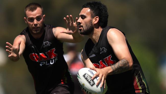 Penrith's Tyrone May during Penrith Panthers NRL training at Penrith. Picture: Brett Costello