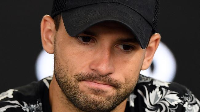 Grigor Dimitrov of Bulgaria reacts during a press conference following his quarter final defeat by Kyle Edmund. Picture: AAP