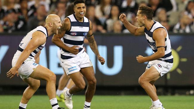 Luke Dahlhaus of the Cats celebrates goal. Picture: Michael Klein.