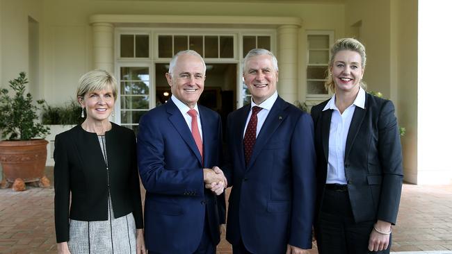 Deputy Liberal Leader Julie Bishop, PM Malcolm Turnbull with New Nationals Leader and Deputy PM Michael McCormack and Deputy Nationals Leader Bridget McKenzie after the Administrator of the Government of the Commonwealth of Australia, Her Excellency the Honourable Linda Dessau AC,  conducting a swearing-in ceremony at Government House, Canberra. Picture Kym Smith