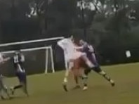 One player during a fixture between Moreland United Football Club and Fawkner Soccer Club was captured throwing a wild punch on Saturday. Photo: Supplied